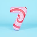 Alphabet number 7. Christmas font made of pink and red striped lollipop. 3D render on blue background.