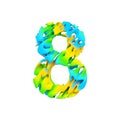 Alphabet number 8. Liquid font made of blue, green and yellow splash paint. 3D render isolated on white background.