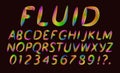 Alphabet and numbers from fluid multicolored transparent letters, Fashionable font, in trend. Royalty Free Stock Photo