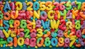 Alphabet with numbers, made with photo of brightly coloured jelly bean sweets as the background Royalty Free Stock Photo