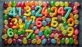 Alphabet with numbers, made with photo of brightly coloured jelly bean sweets as the background Royalty Free Stock Photo