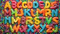 Alphabet with numbers, made with photo of brightly coloured jelly bean sweets as the background Royalty Free Stock Photo