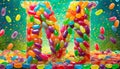 Alphabet with numbers, made with photo of brightly coloured jelly bean sweets as the background Royalty Free Stock Photo