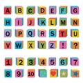 Alphabet and numbers made of wooden cubes, color vector illustration, letters