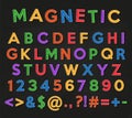 Alphabet, numbers and symbols. Colored magnets letters and numbers on a black school chalkboard background