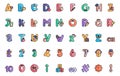 Alphabet and Numpers Lineal Color Icon Set With Examples in letters, Funny Alphabet and numbers For Kids And Childern