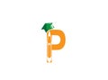 An alphabet P with a graduation hat and pen for logo design