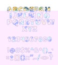 Alphabet patchwork vector handmade patch work ABC alphabetical font with fabric sewed letters and numbers illustration