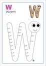 Alphabet Picture Letter `W` Colouring Page. Worm Craft. Royalty Free Stock Photo