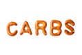 Alphabet pretzel written word CARBS isolated