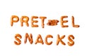 Alphabet pretzel written words PRETZEL SNACKS isolated