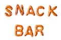 Alphabet pretzel written words SNACK BAR isolated