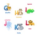 Alphabet printable flashcard with letter G H I J K L. Zoo animals for english language education