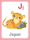 Alphabet printable flashcard with letter J and jaguar animal