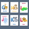 Alphabet printable flashcards vector collection with letter G H I J K L. Zoo animals for english language education. Royalty Free Stock Photo