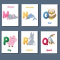 Alphabet printable flashcards vector collection with letter M N O P Q R. Zoo animals for english language education. Royalty Free Stock Photo