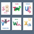 Alphabet printable flashcards vector collection with letter S T U V W X. Zoo animals for english language education. Royalty Free Stock Photo