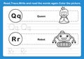 Alphabet Q-R exercise with cartoon vocabulary for coloring book Royalty Free Stock Photo
