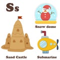 Alphabet S letter.Sand Castle,Snow Dome,Submarine Royalty Free Stock Photo