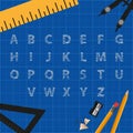 Alphabet Scribble Letters And Drawing Tools Over Grid - Vector Concept On Blue Background Royalty Free Stock Photo