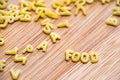 Alphabet shaped pasta forming the word FOOD