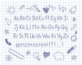 Alphabet in sketchy style with school doodles on copybook sheet. Vector handwritten pencil letters, numbers and punctuation marks.