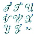 Musical alphabets. Stuvwxyz collection. Floral curly letters set. Music notes characters pattern. Vector stock.