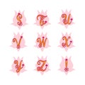 Set of lotus alphabets. Stuvwxyz letters. Traditional pink hand drawn flower design on bold characters. Vector type lettering.