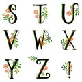 Jungle letters. Nature floral alphabet. Forest green gradient characters. Whimsical magic collection. Stuvwxyz letter. Vector set.