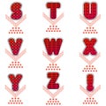 Pattern alphabets. Stuvwxyz collection. Red gradient bold letters set. Dots dash pattern characters. Vector stock.