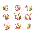 Alphabet set. Floral hearts stuvwxyz letters. Curly lettering type characters.