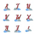 Alphabet stuvwxyz letters. Colorful rainbow alphabet set. Lettering type characters with smiley emoticon clouds.