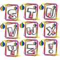 Alphabet stuvwxyz letters. Big fat colorful alphabet set. Lettering type characters with ornamental rainbow balls.