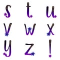ABC alphabets. Stuvwxyz collection. Midnight sky gradient lowercase characters. Scattered glitter stars. Vector illustration.