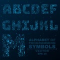 Alphabet from the symbols of the program code. Programming in design. Glowing letters are blue. A, B, C, D. Vector illustration. E Royalty Free Stock Photo