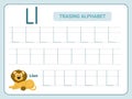 Alphabet tracing practice Letter L. Tracing practice worksheet. Learning alphabet activity page