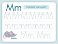 Alphabet tracing practice Letter M. Tracing practice worksheet. Learning alphabet activity page