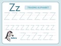 Alphabet tracing practice Letter Z. Tracing practice worksheet. Learning alphabet activity page