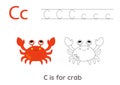 Tracing alphabet letters with cute animals. Color cute red crab. Trace letter C.