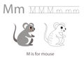 Tracing alphabet letters with cute animals. Color cute mouse. Trace letter M. Royalty Free Stock Photo