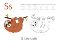 Tracing alphabet letters with cute animals. Color cute sloth. Trace letter S.