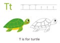 Tracing alphabet letters with cute animals. Color cute green turtle. Trace letter T. Royalty Free Stock Photo