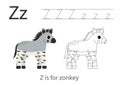 Tracing alphabet letters with cute animals. Color cute zonkey. Trace letter Z. Royalty Free Stock Photo