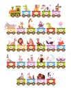 Alphabet train. Cartoon kids color wagons, funny animals and letters, cute zoo abc, vehicle toys, children amusement