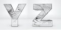 Alphabet transparent letters Y, Z, glass broken 3d rendering