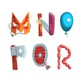 Alphabet with various objects. M,N,O,P,Q,R creative cartoon letters made of axe, mask, sausagrs, knife, shield vector