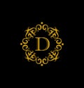 Gold letter D. Calligraphic beautiful logo with tape for labels.