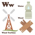 Alphabet W letter.Water,Wind Turbine,Wood