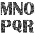 Alphabet-white-outline-black-background-M-N-O-P-Q-R,-vector Royalty Free Stock Photo