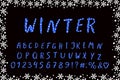Alphabet winter design with snowflakes. Hand brush font. Uppercase letters, numbers, marks. EPS 10